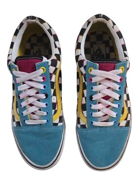 Vans Checkerboard Low-Top Sneakers in Teal, Yellow & Pink Mens Size 7.5